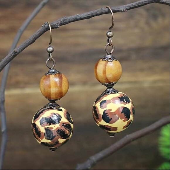 Wood Leopard Print Ball Drop Dangle Earrings - Picture 4 of 4